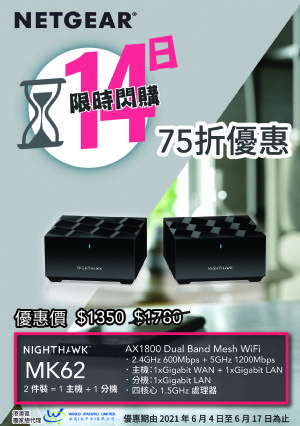 一千頭有三件裝 Mesh WiFi 6～NETGEAR Nighthawk MK62 Mesh WiFi 快閃優惠！